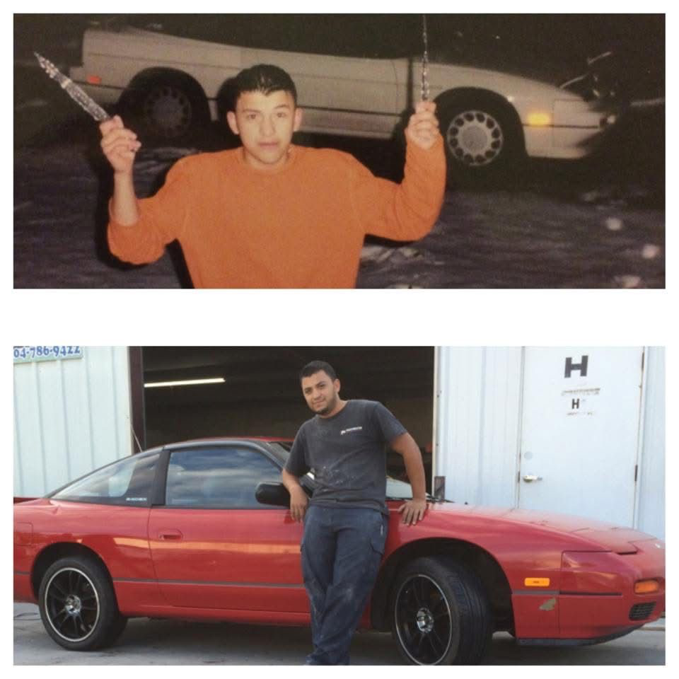 Walter through the years — early days and standing by a red sports car